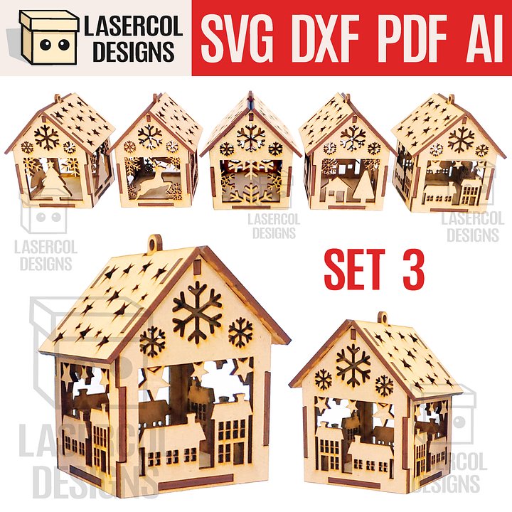 Christmas House Ornaments Set 3 (2 Sizes, 5 Styles) - Laser Cut Files product image (1)