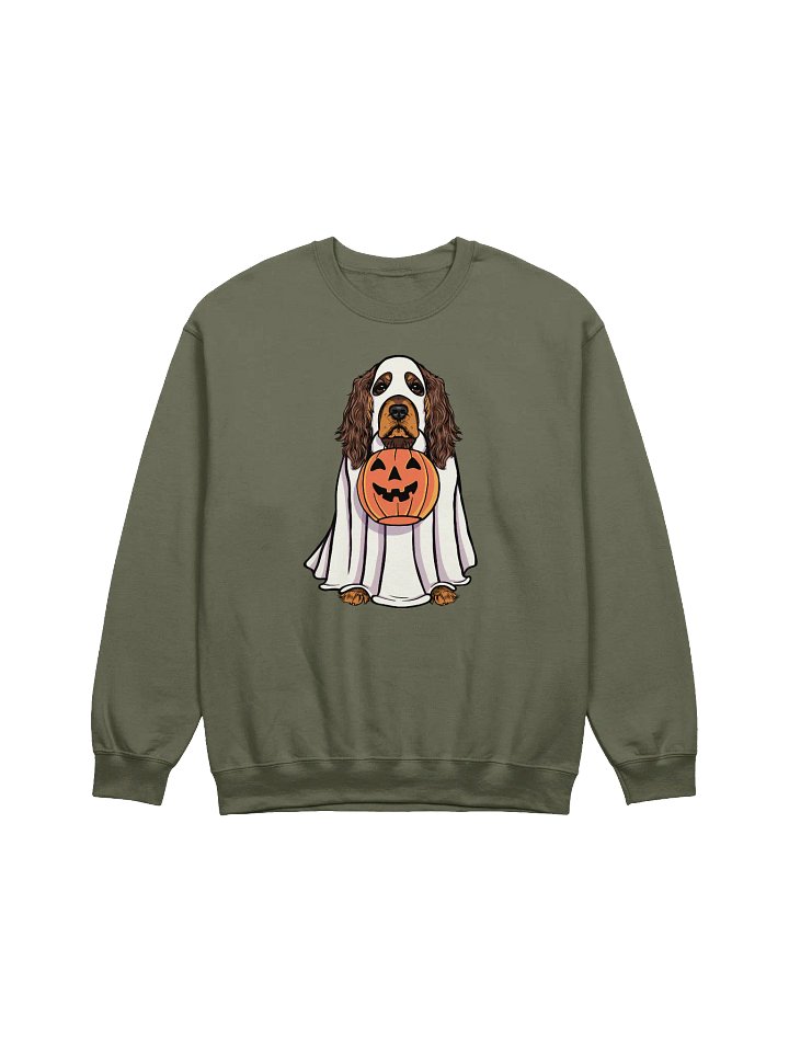 Funny Halloween Cocker Spaniel(Liver & Tan) Sweatshirt | Funny Cocker Spaniel Wearing a Ghost Costume and Holding a Pumpkin Basket product image (1)