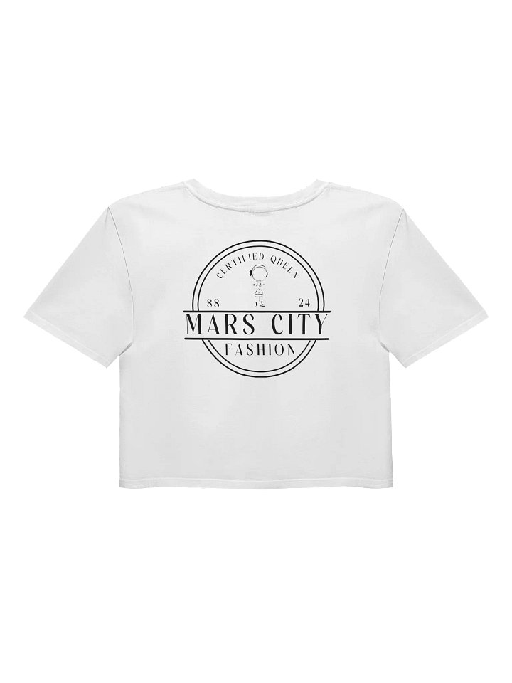 Ladies white cropped tee shirt with Gold Astronaut black circle front product image (2)