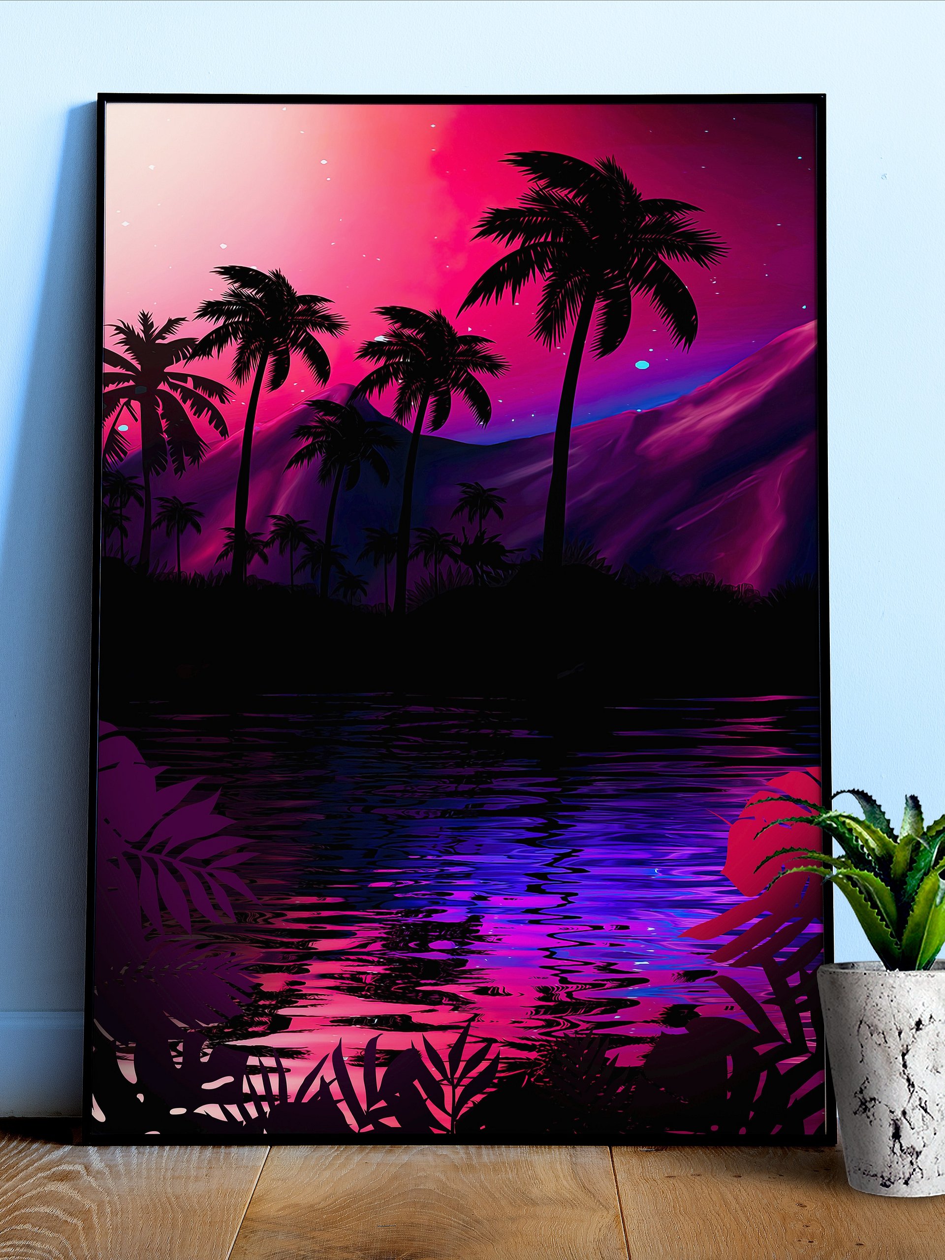 Neon landscape: Pink purple tropical beach [synthwave/vaporwave/cyberpunk] — Aesthetic retrowave poster product image (1)