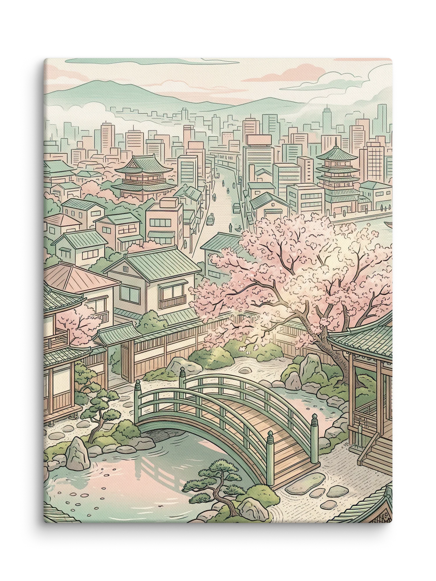 Tranquil Cherry Blossom Bridge Canvas - Japandi Zen Wall Art product image (1)