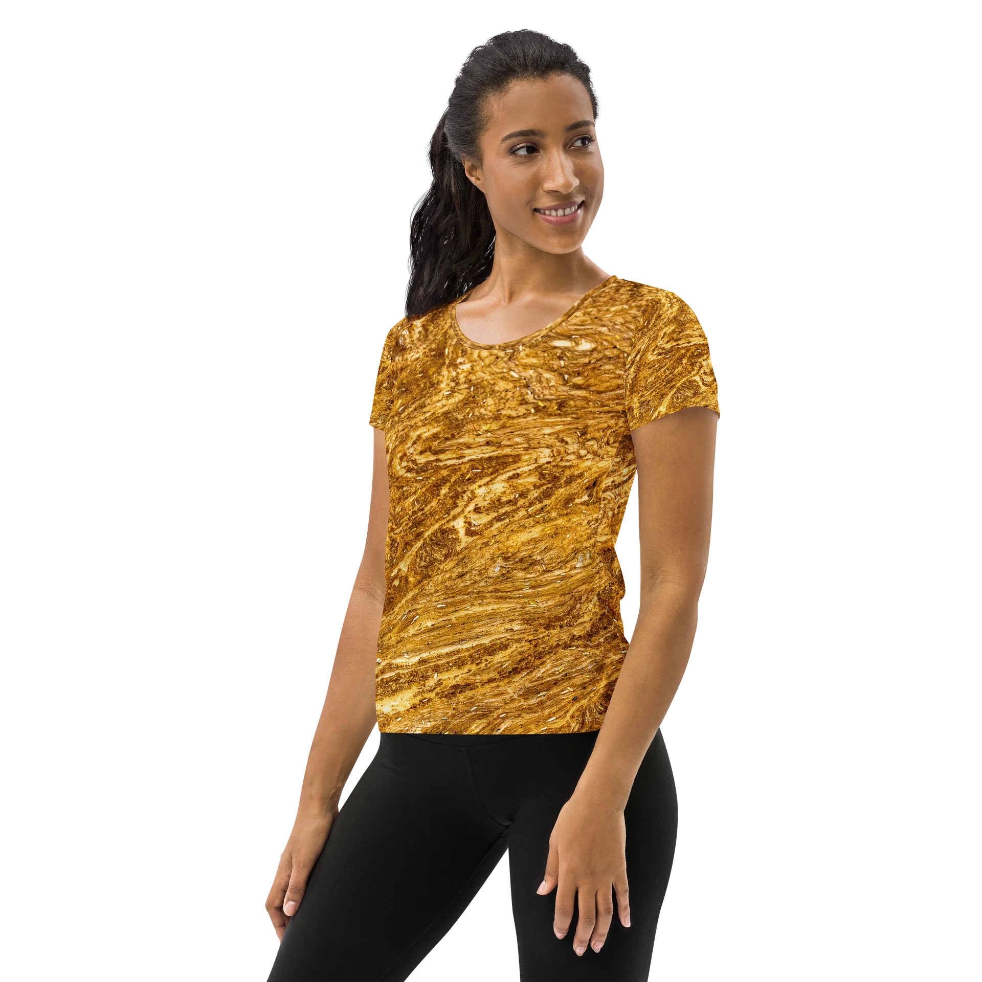 Golden Strata: Earthy Swirl Marble Pattern Women’s Athletic Shirt | Botanical & Marble Running Shirt | Tiger Eye Sage Golden Activewear Top product image (3)