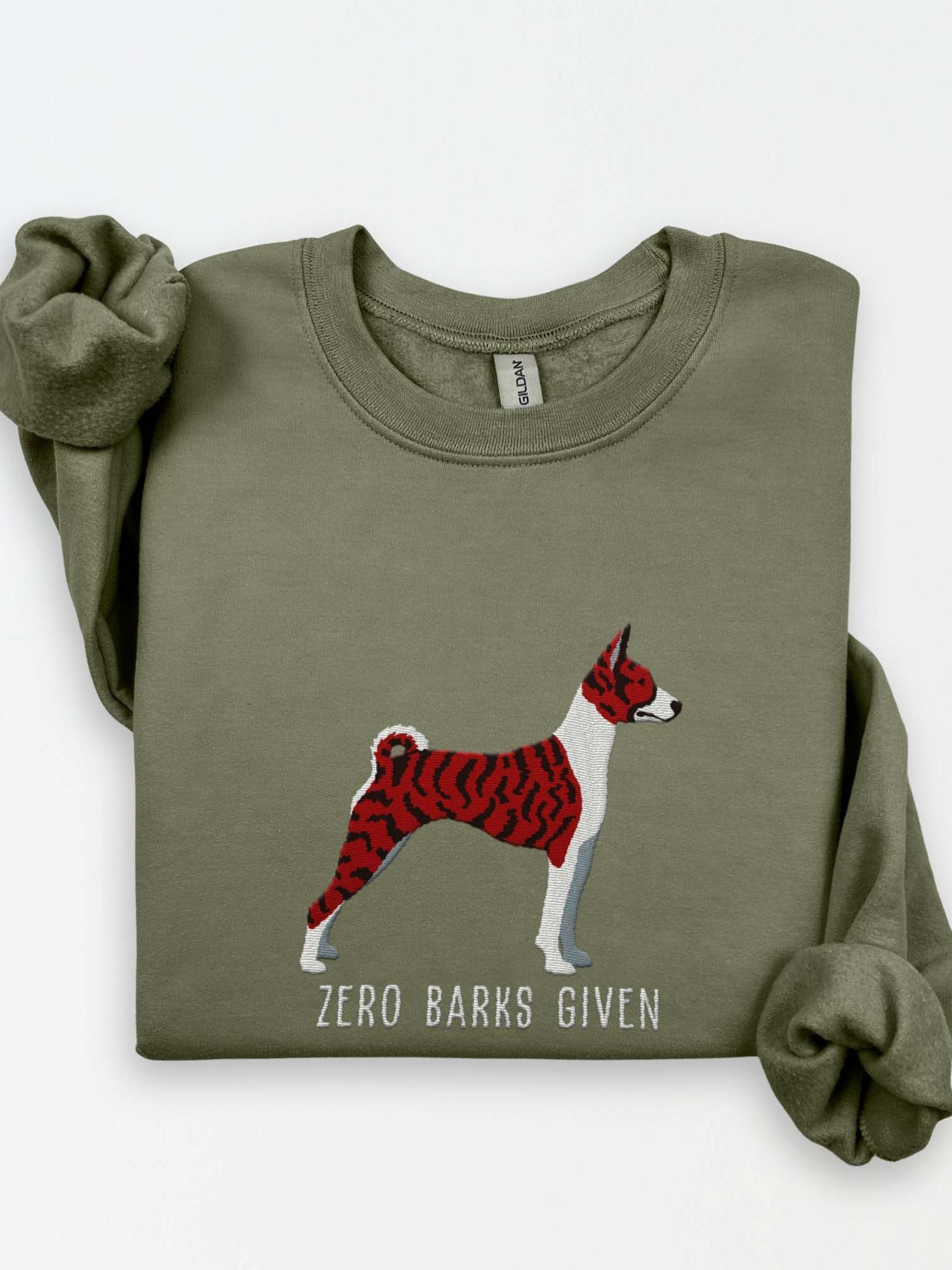 Zero Barks Given Sweatshirt (Embroidered) of a Basenji(Brindle) product image (1)