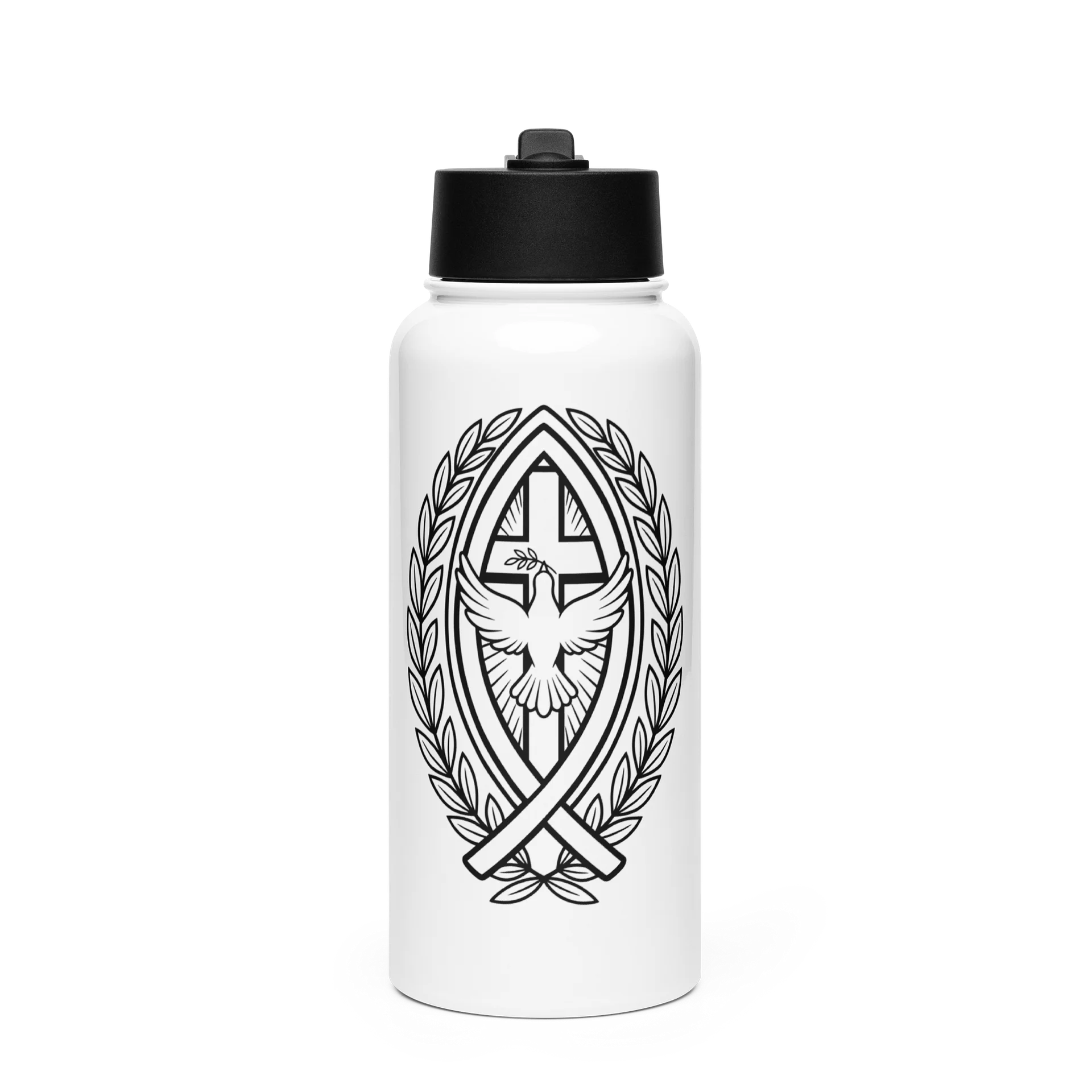 Christian Water Bottle, Faith Cross Dove Ichthus Design, 32oz Insulated Stainless Steel Bottle product image (1)