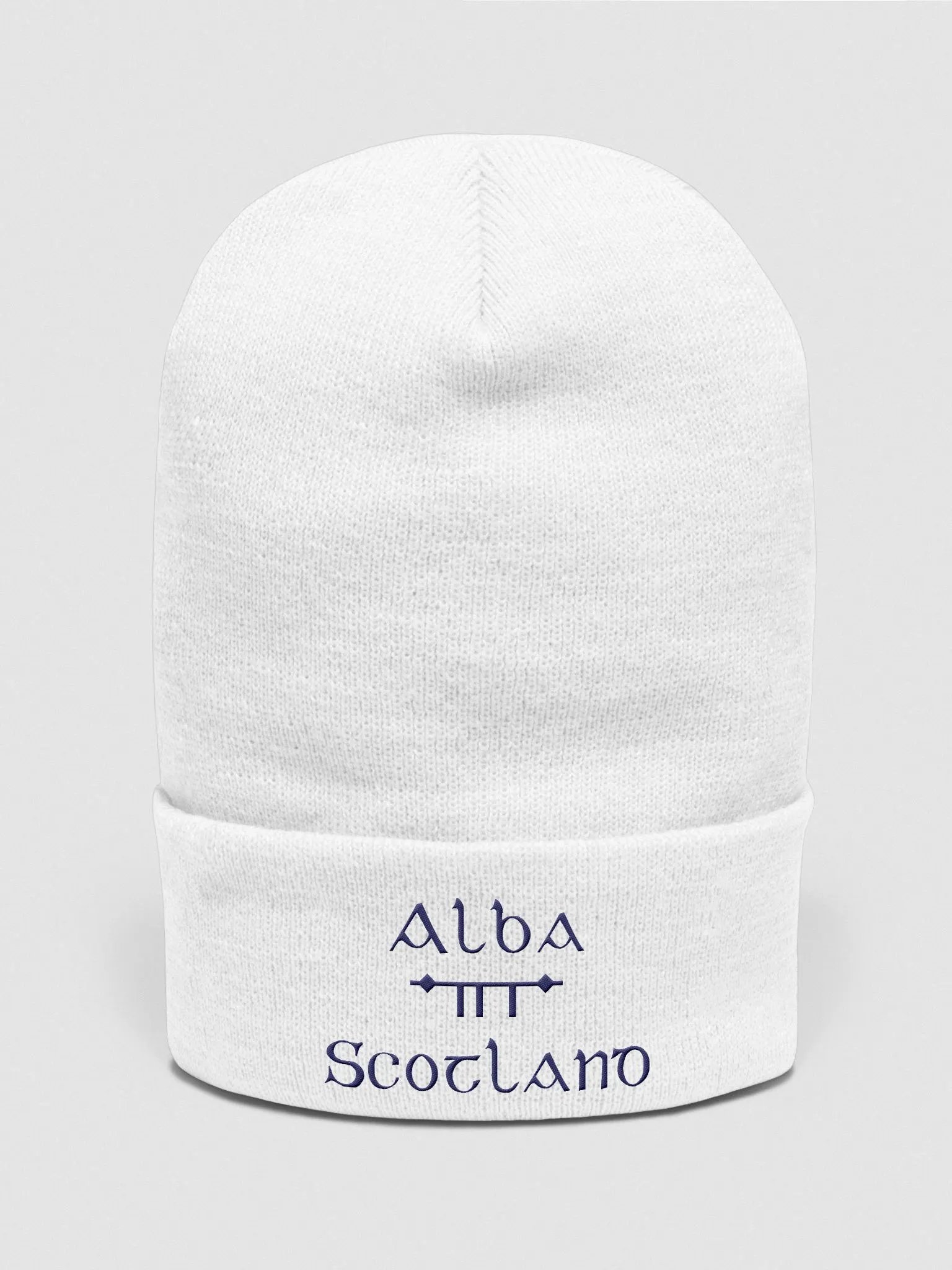 Scotland/Alba Scholastic style Ogham, white with navy, embroidered Cuffed Beanie product image (1)