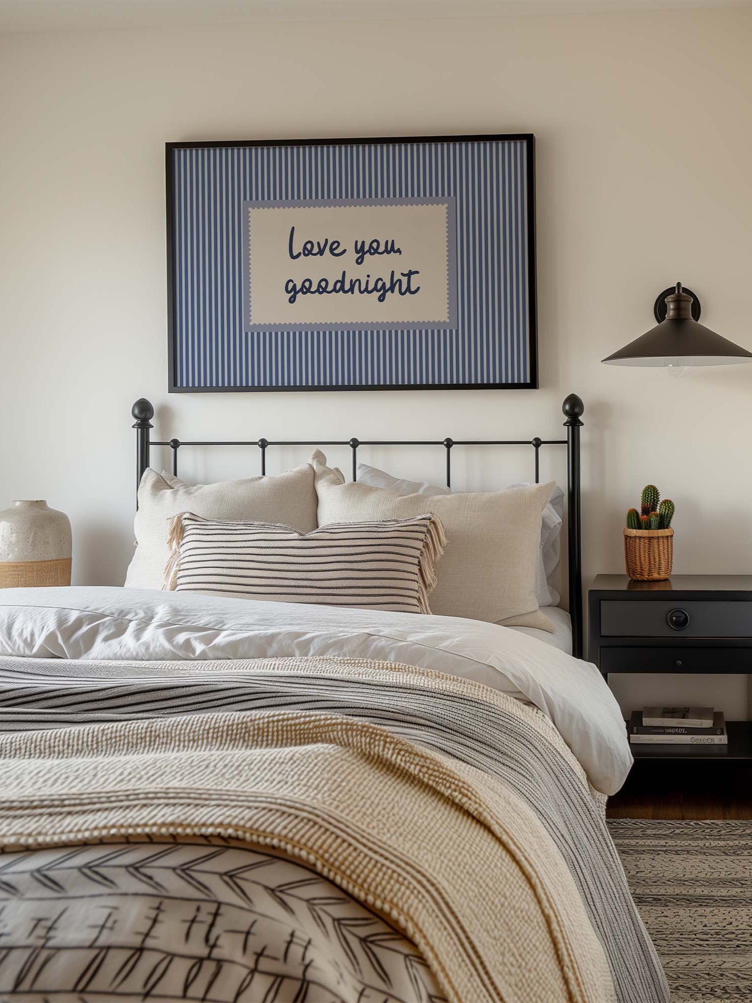 Love You Goodnight Wall Art, Blue Striped Typography Poster, Romantic Bedroom Decor, Horizontal Printable Download product image (9)