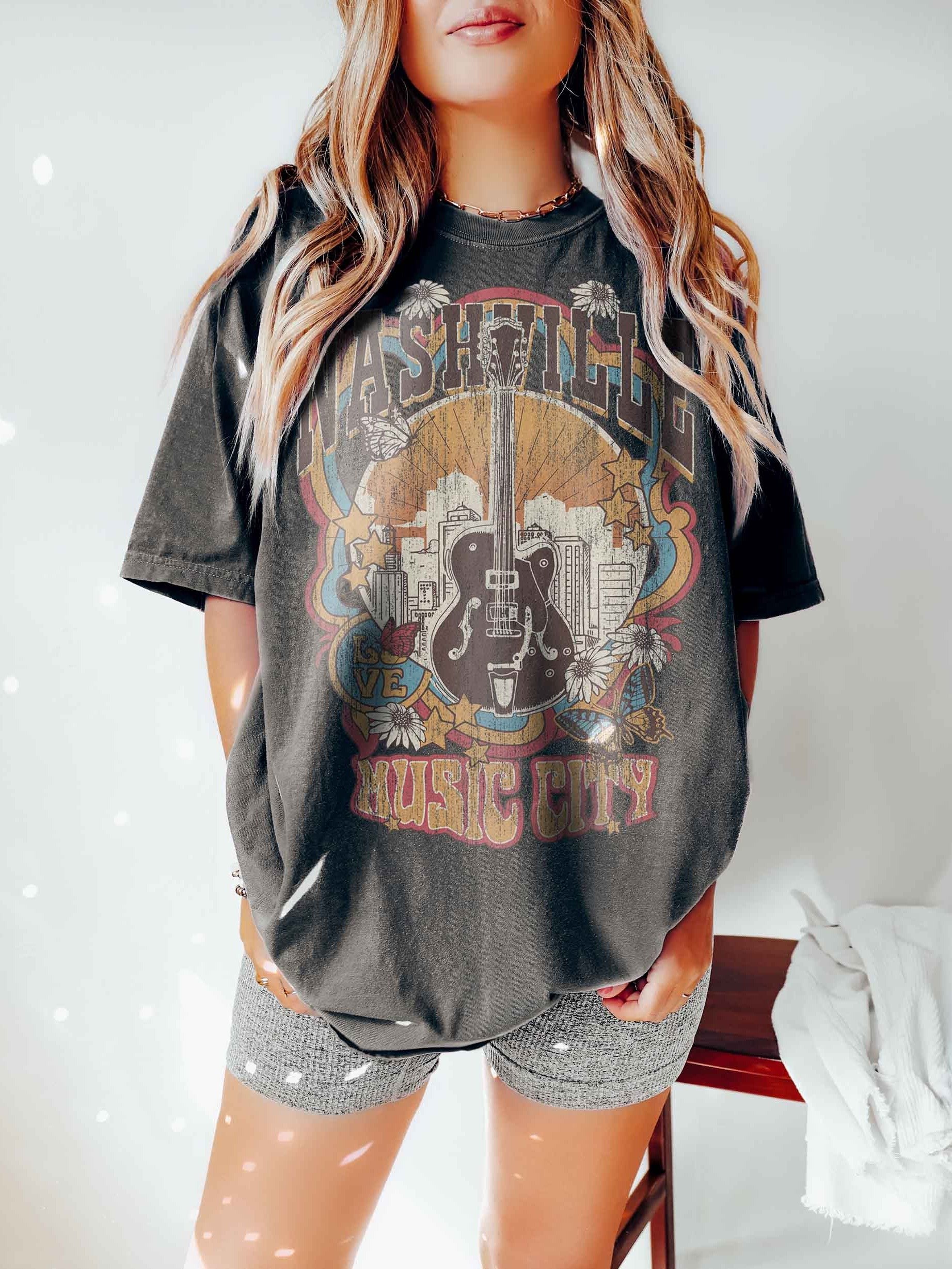 Nashville Music City Retro Guitar Shirt – Vintage Rock & Roll Butterfly Floral Design Tee product image (2)