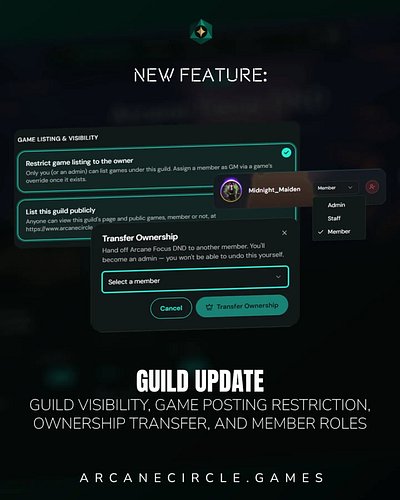 Arcane Circle offers Game Masters a Guild feature:
A space where your community can list and manage games.

With our v2.4 upd...