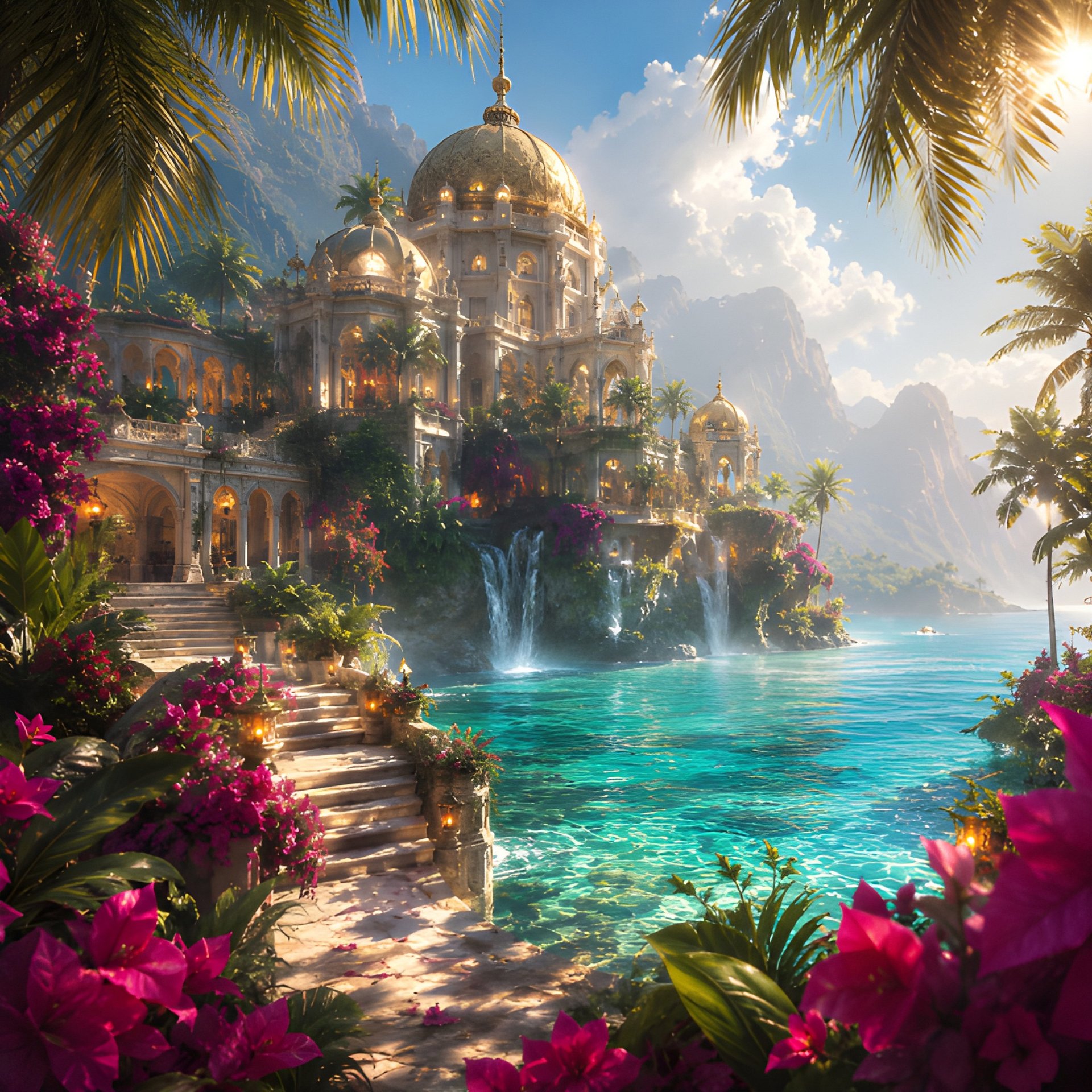 Golden Palace Paradise - Tropical Fantasy 8K Digital Wall Art product image (2)