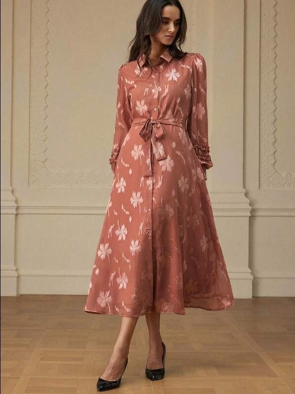 Aveloria Rosie French Style Cinching Waist Belted Polo Collar Puff Sleeve Frill Trim Casual & Work Wear Long Sleeve Dress product image (2)