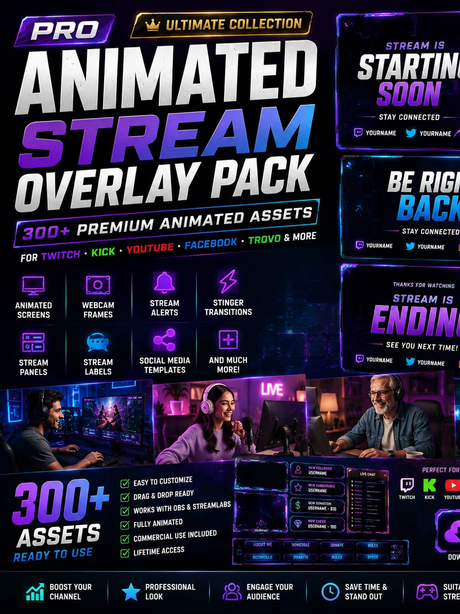 Pro Animated Stream Overlay Pack | 300+ Premium Twitch, Kick & YouTube Stream Assets | Instant Download product image (1)
