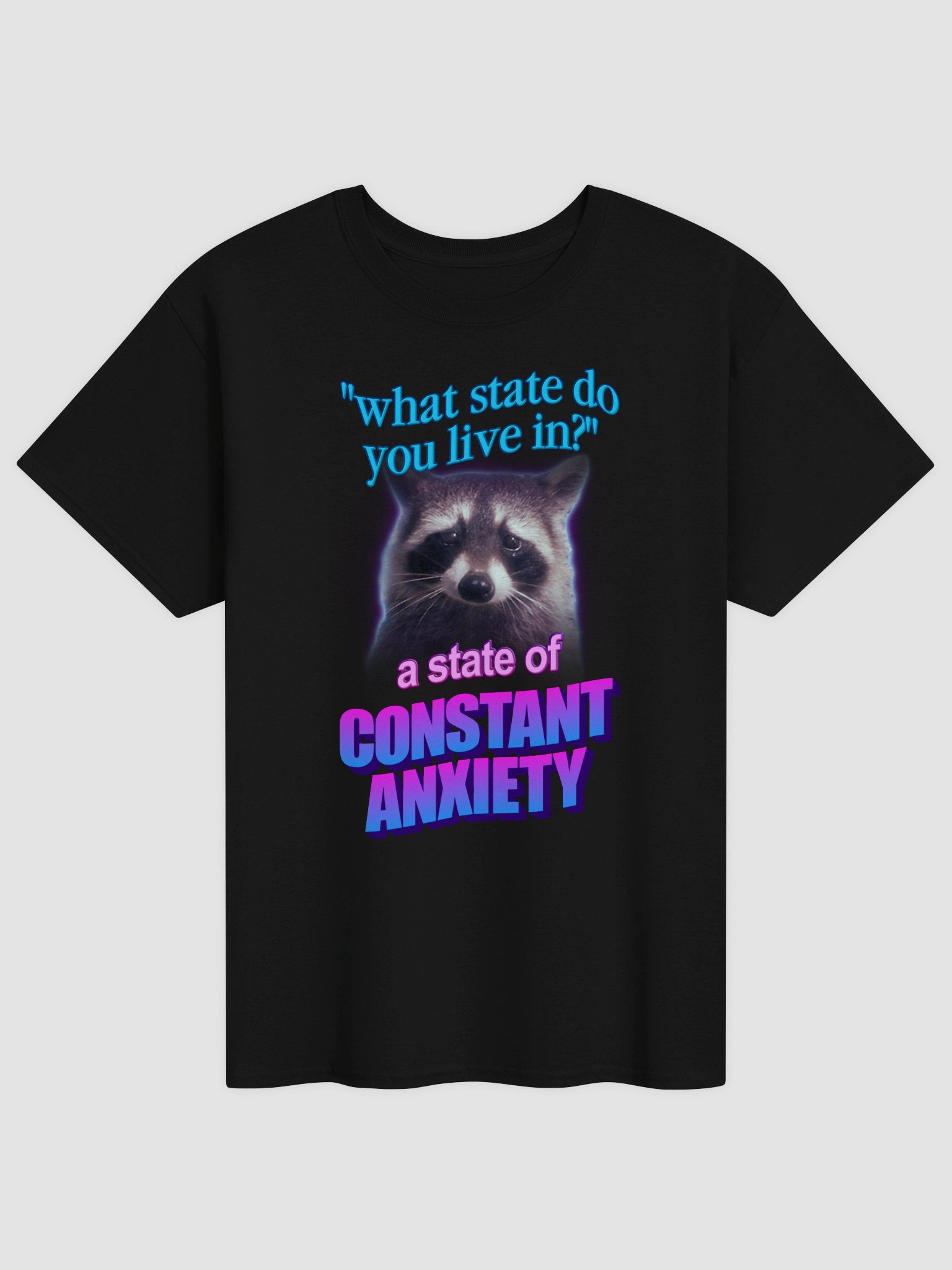 What state do you live in? A state of constant anxiety raccoon T-shirt product image (2)