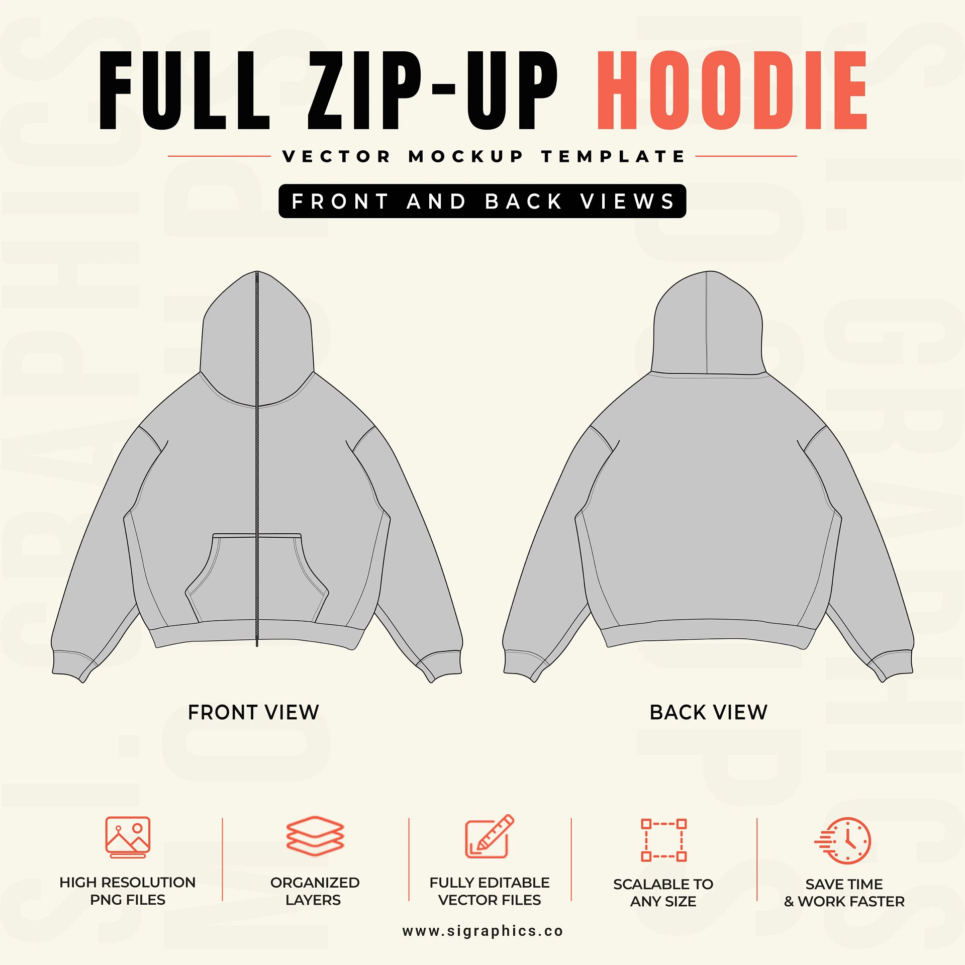 Full Face Zip-Up Hoodie Vector Mockup Template – Front & Back Flats product image (2)