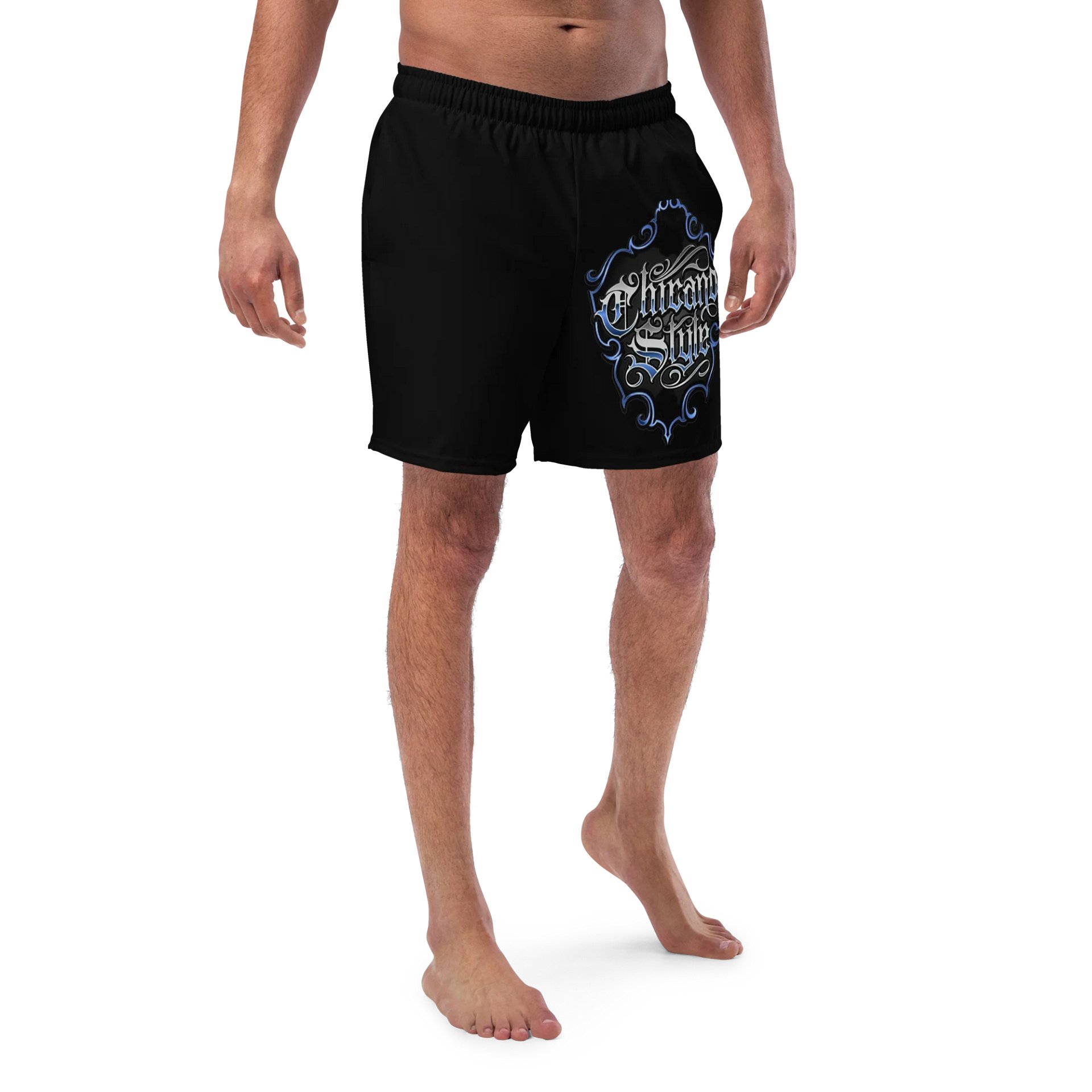 Black Swim Trunks – Chicano Style Blue Outline Logo product image (1)