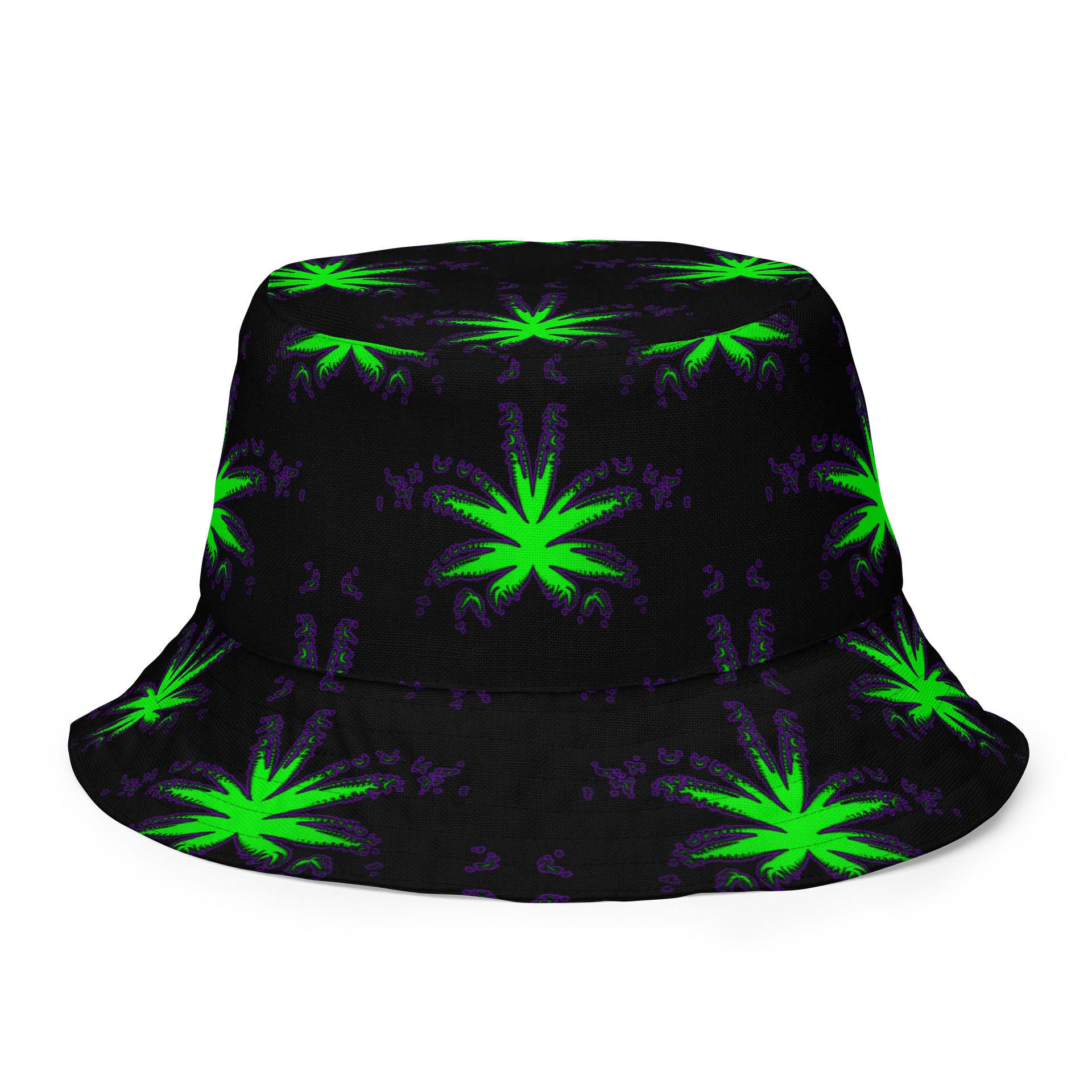 Cannabis Reversible Bucket Hat, 420 Rave Stoner Accessory, Pot Leaf Pattern Festival Fashion, Black Neon Green Purple Weird Weed Art product image (2)