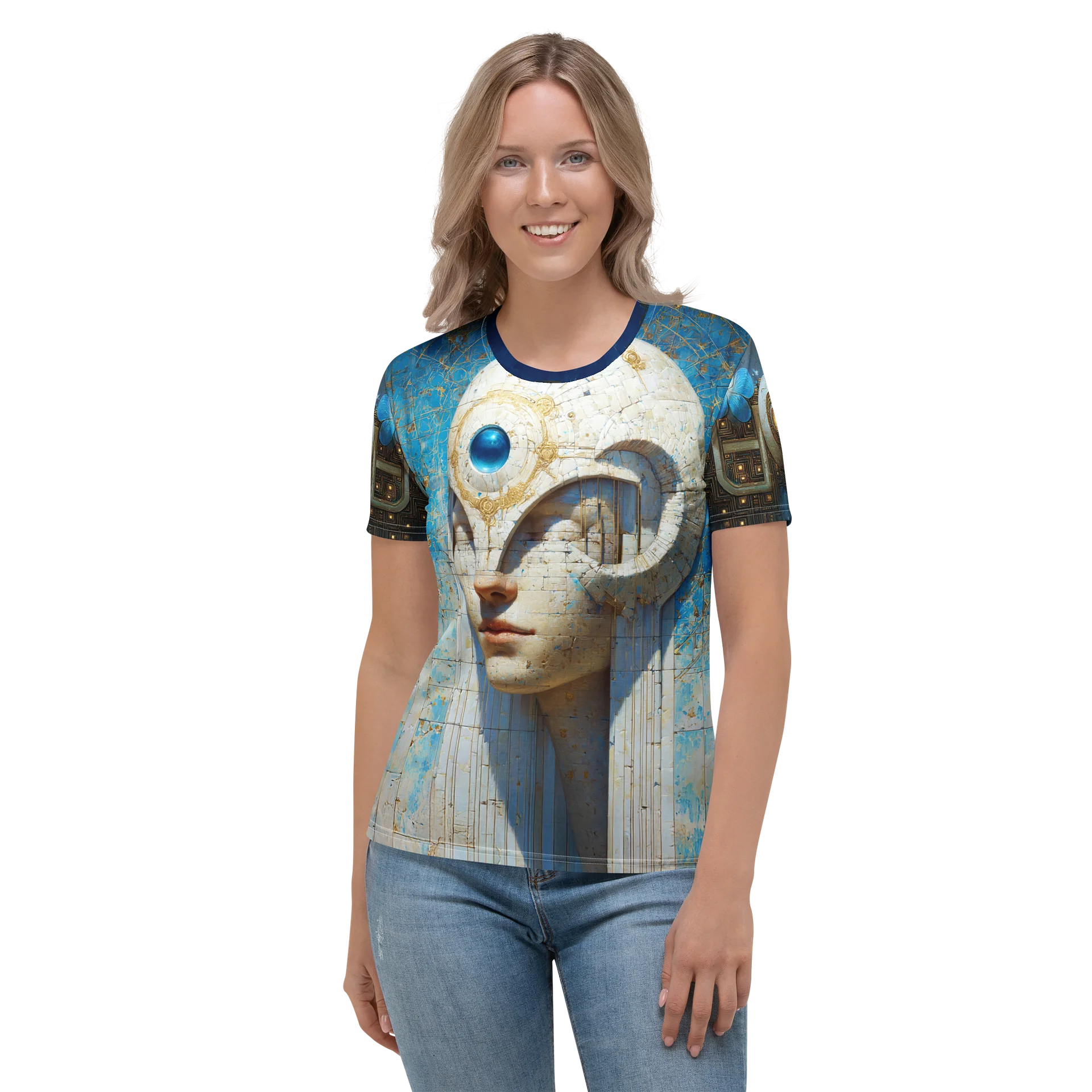 Vitruvian Custodian — Techno-Classical Relic Portrait T-Shirt | Ancient Circuit Figure in Blue & Stone product image (2)
