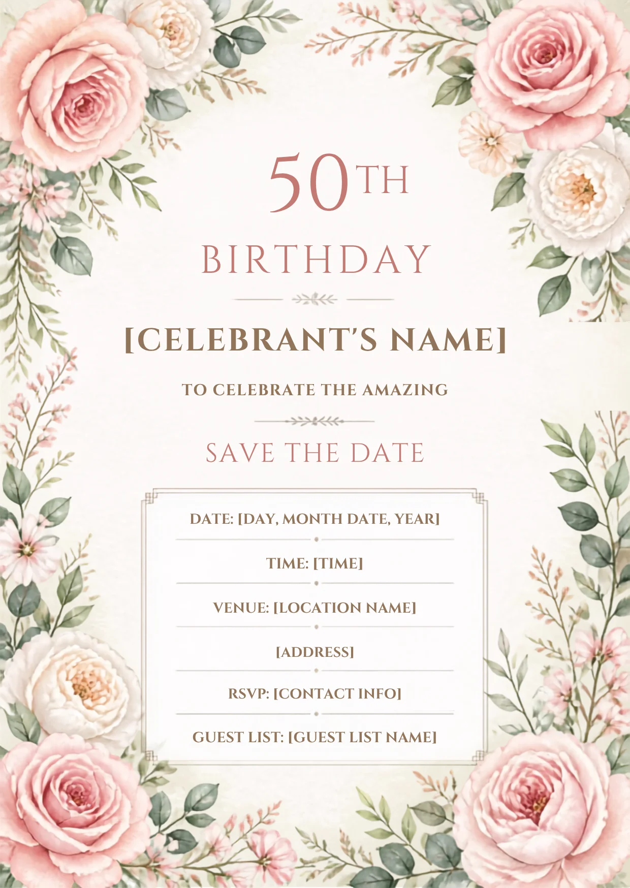 Floral 50th Birthday Invitation Template, Editable Milestone Invite, Printable Garden Party, Canva Instant Download Digital product image (2)