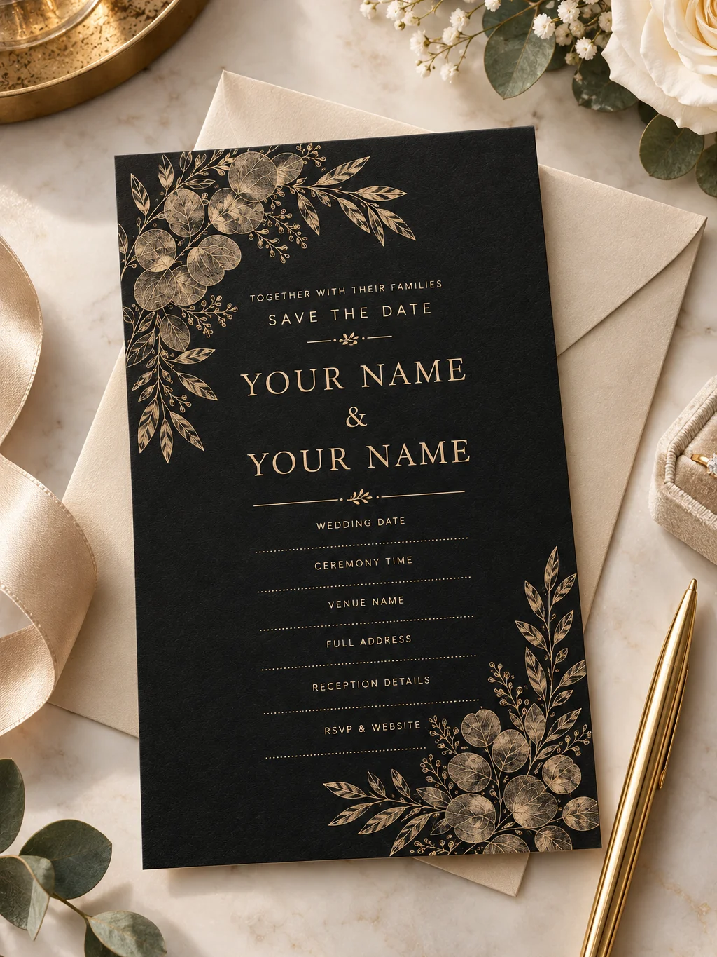 Black and Champagne Wedding Invitation Template, Editable Canva Invite, Modern Formal Wedding Invitation, Printable Digital Download product image (3)