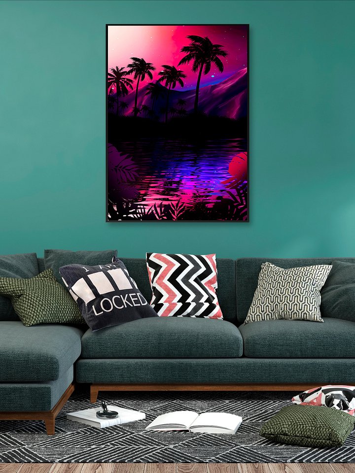 Neon landscape: Pink purple tropical beach [synthwave/vaporwave/cyberpunk] — Aesthetic retrowave poster product image (2)