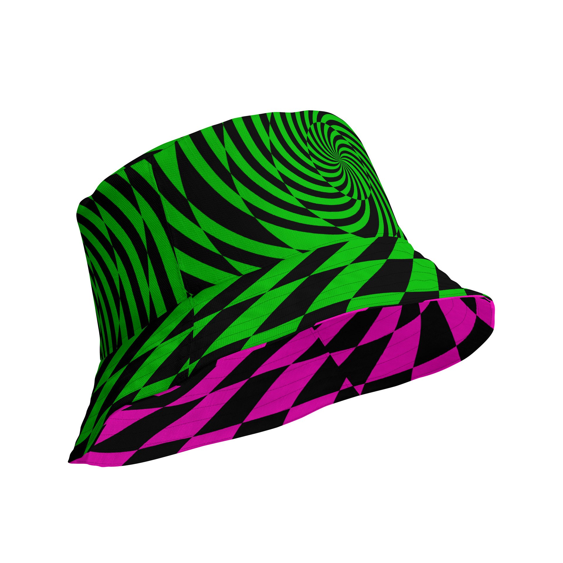Trippy Raver Reversible Bucket Hat, Psychedelic Spirals EDM Accessory, Techno Dance Party Ravewear, Neon Green Pink Black Festival Fashion product image (4)