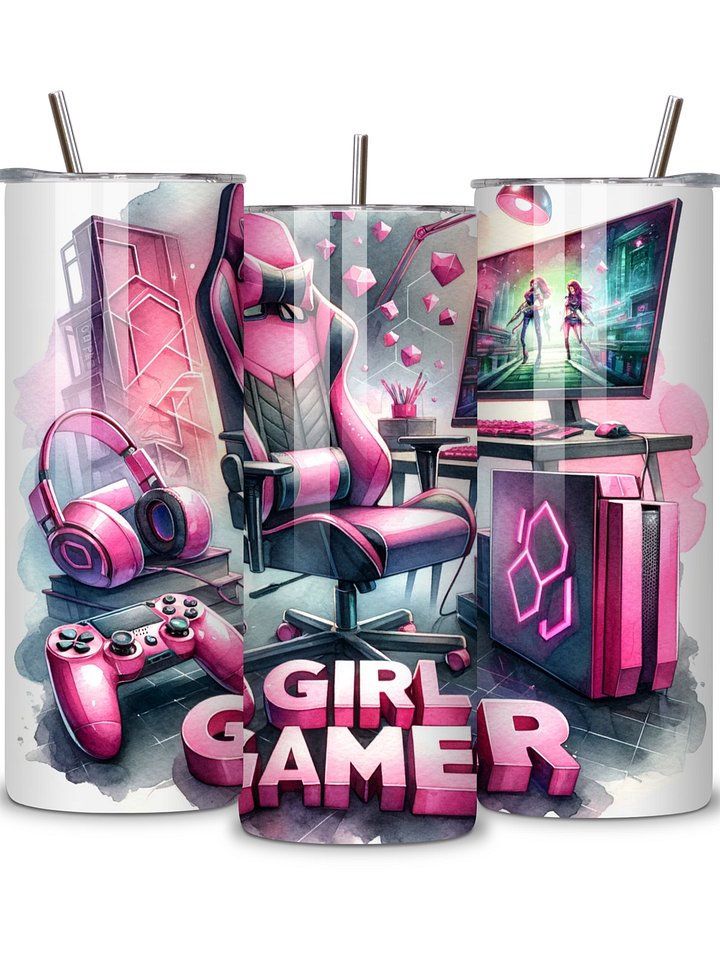 Girl Gamer 20oz Skinny Tumbler with Metal Straw – Pink Gaming Setup Design with Controller and Headset – Double-Walled Insulated Stainless Steel Tumbler for Hot & Cold Drinks product image (2)