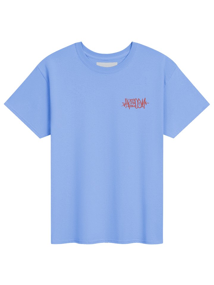 Hidenza Graffiti Tag Tee – Periwinkle Blue Oversized T-Shirt with Red Graffiti Chest Logo product image (1)