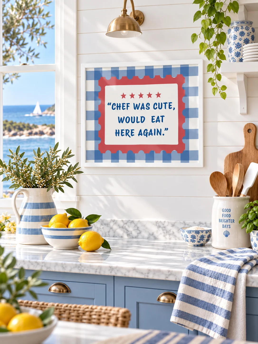 Chef Was Cute Printable Kitchen Wall Art | Funny Restaurant Review Quote | Retro Gingham Poster | Blue Red Dining Decor | Digital Download product image (4)