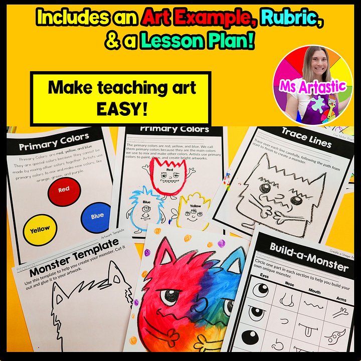 Primary Colors Art Lesson Primary Color Monster Art Project Pre K Kindergarten 1st Grade product image (2)