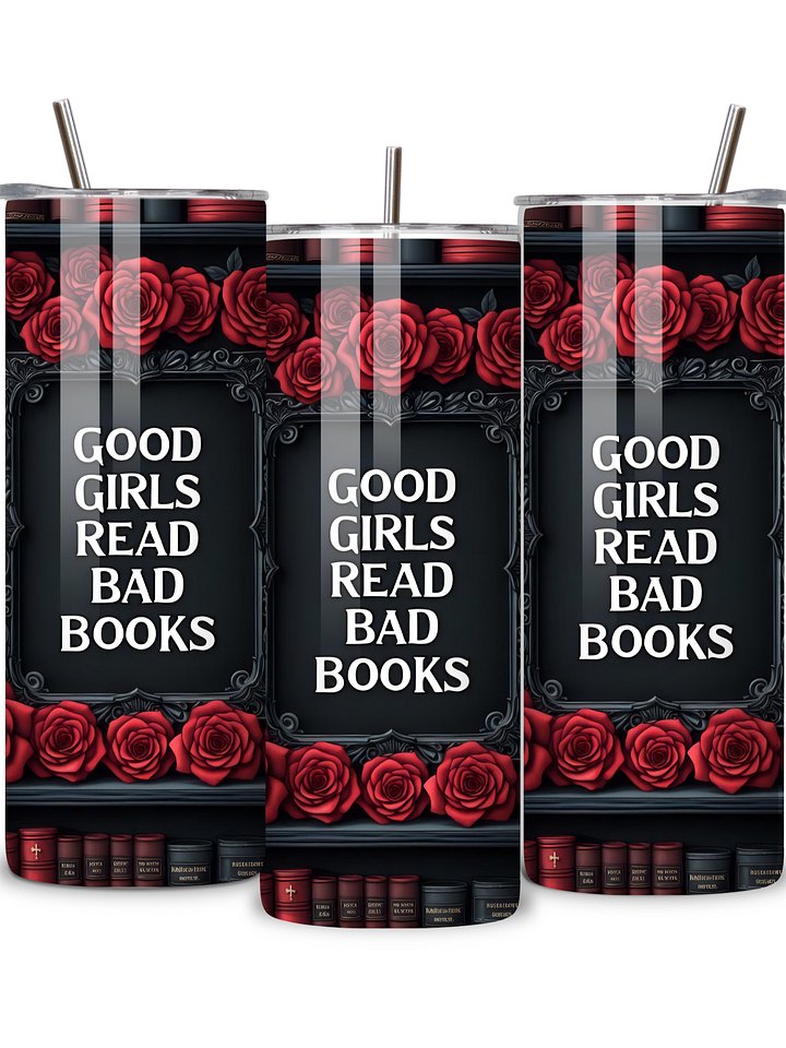 Goth 20oz Skinny Tumbler with Metal Straw – Elegant Red Rose and Library Design – Double-Walled Insulated Stainless Steel Tumbler for Hot & Cold Drinks, Gift for Goth Book Lover product image (2)
