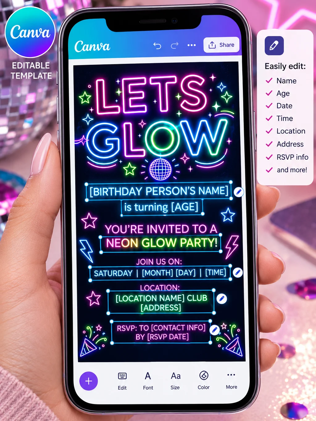 Neon Glow Birthday Invitation Template, Editable Teen Glow Invite, Printable Party, Canva Instant Download Digital product image (3)