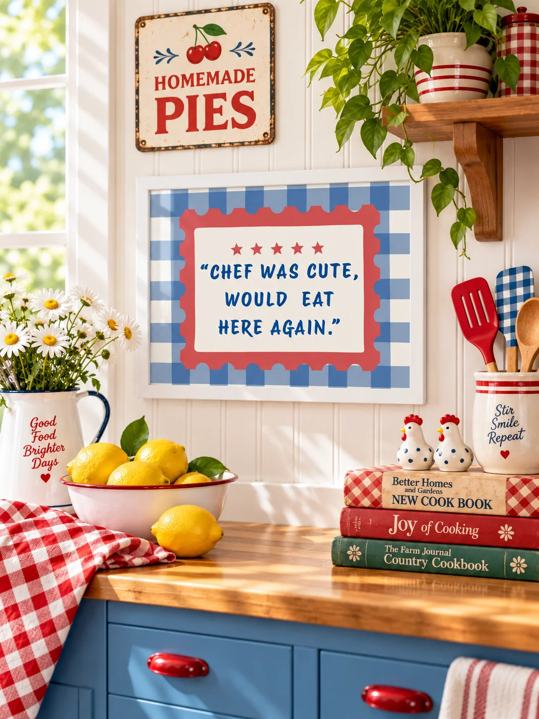 Chef Was Cute Printable Kitchen Wall Art | Funny Restaurant Review Quote | Retro Gingham Poster | Blue Red Dining Decor | Digital Download product image (2)