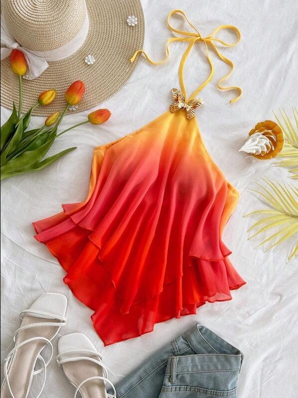 ADLEST Women's Vacation, Spring/Summer Vacation, Romantic Vacation, Butterfly Metal Decor, Gradient Pink-Yellow Draping Halter Top, Beach product image (1)