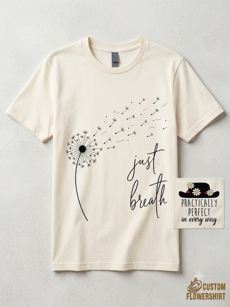 Just Breathe Dandelion T-Shirt for Women | Minimalist Inspirational Graphic Tee | Floral Mindfulness Quote Shirt | Relaxation Gift product image (1)