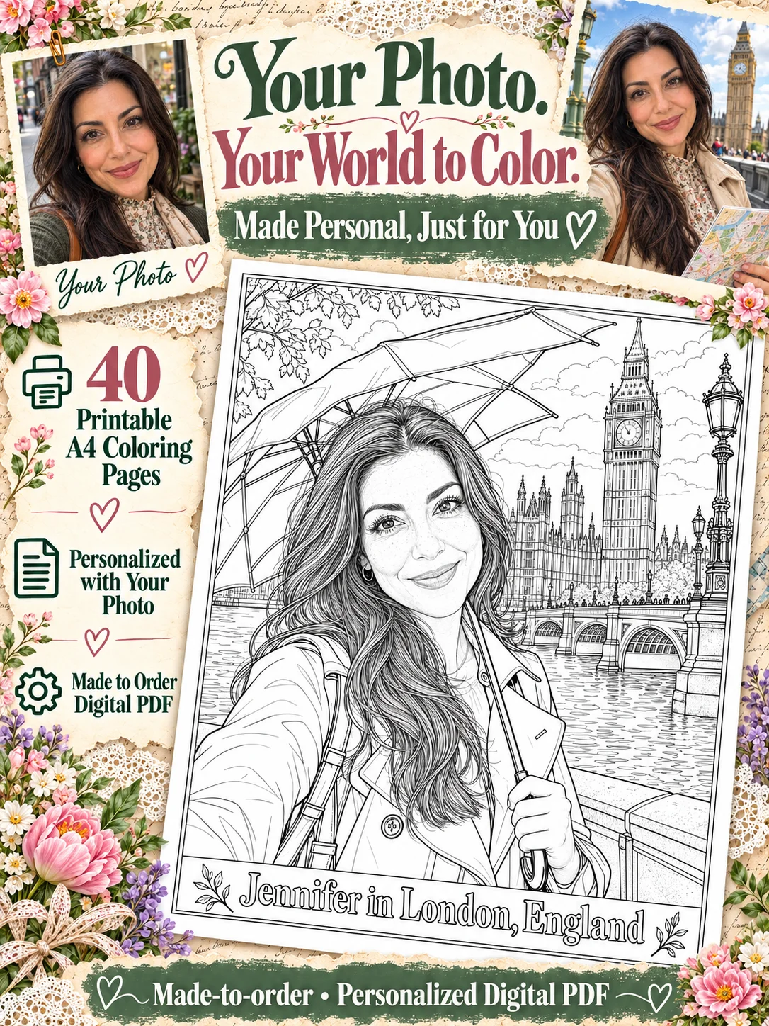 Personalized Coloring Book for Adults: 40 Printable A4 PDF Pages with Your Photo and Name, Famous World Landmarks, Cities and Around the World Adventures product image (3)