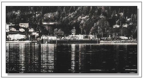 Vane Brothers vessel at anchor in Port Angeles Harbor — hillside homes, old growth fir, and that glassy reflection making the...