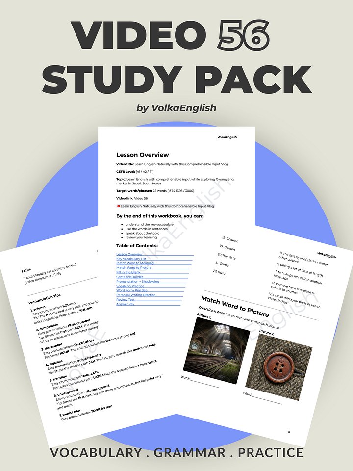 Learn English Naturally with this Comprehensible Input Vlog - Video 56 Study Pack product image (1)