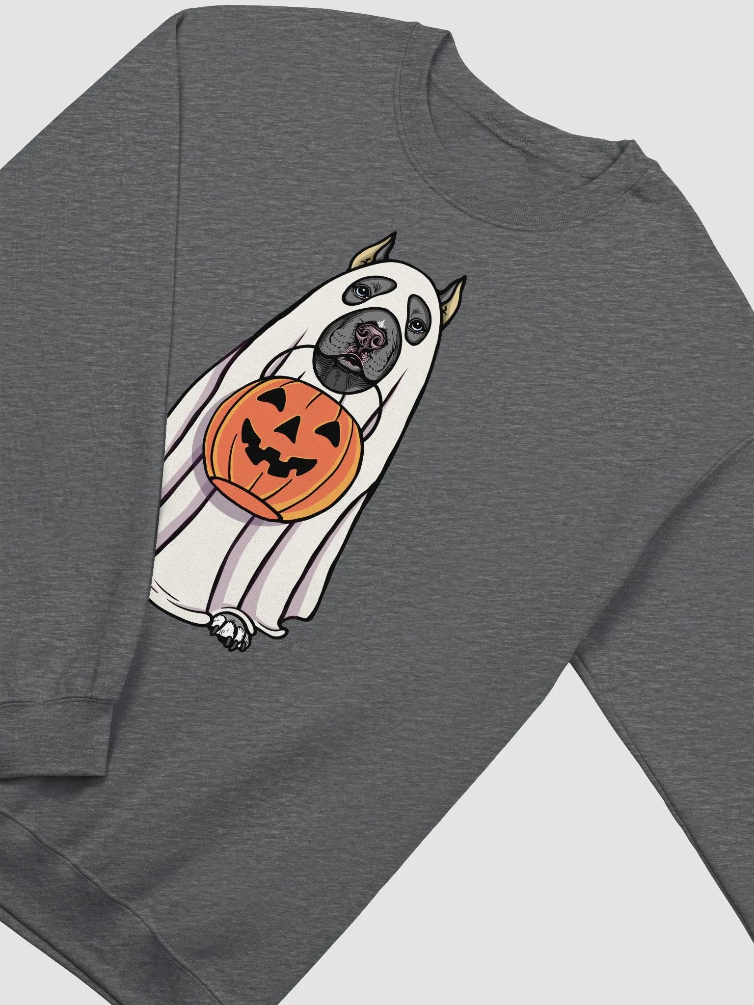 Funny Halloween Pitbull Terrier(Cropped Ears, Blue) Sweatshirt | Funny Pittie Wearing a Ghost Costume and Holding a Pumpkin Basket product image (4)