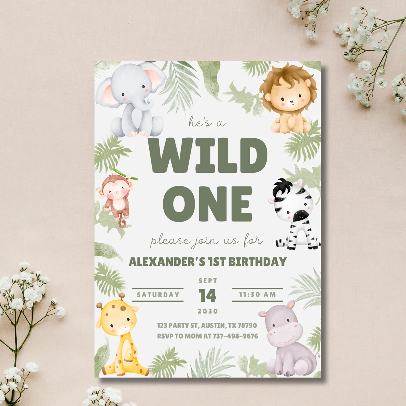 Wild One Birthday Invitation | Safari 1st Birthday Invite | Jungle Party | Animal Theme | Editable Canva Template product image (4)