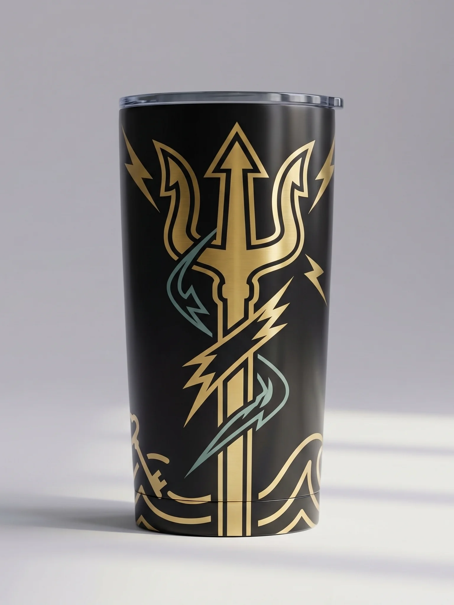 Greek Trident Lightning Tumbler – Minimal Mythology Travel Mug, Black & Gold Design product image (1)