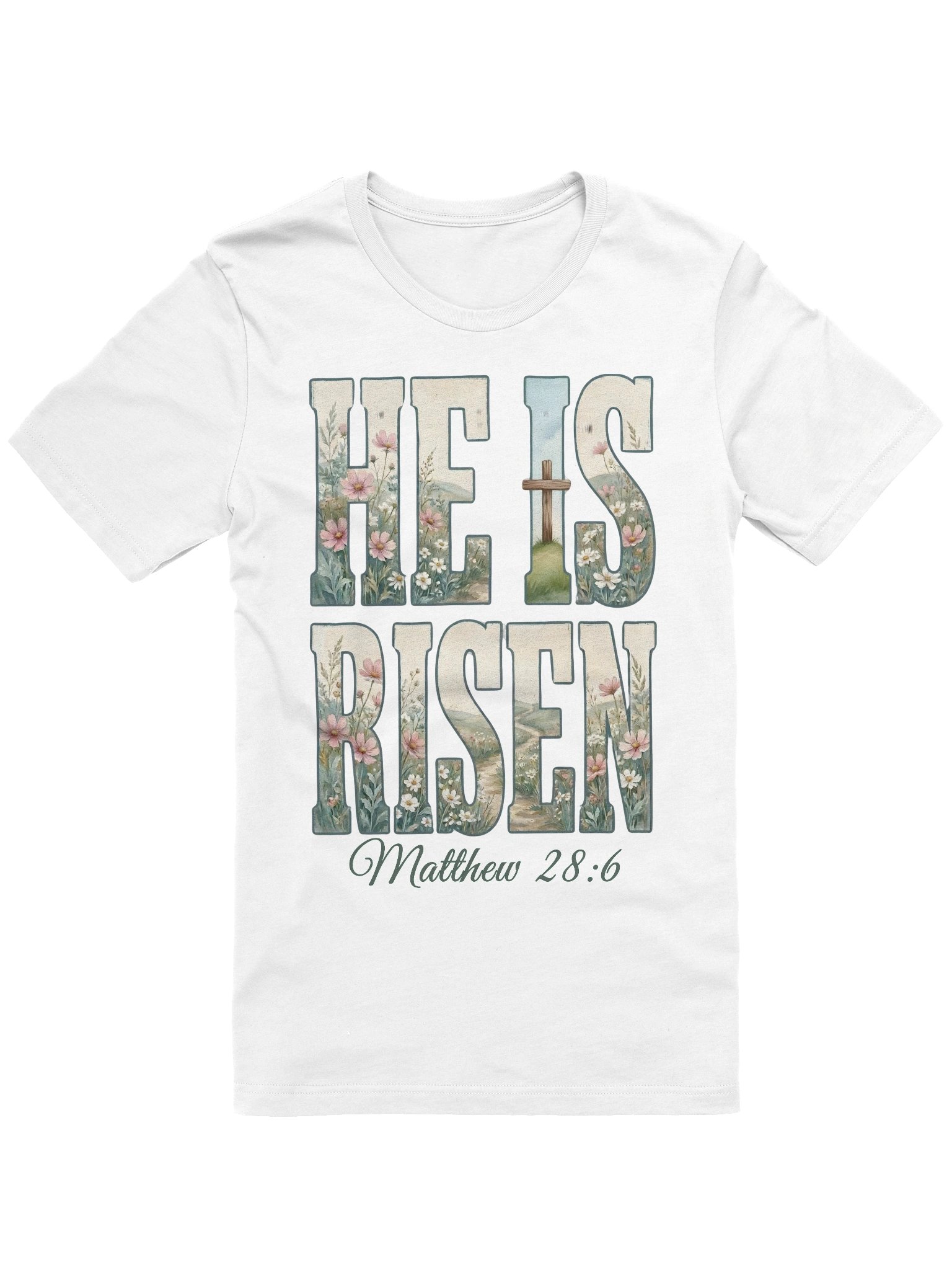 He Is Risen Christian Easter Shirt Matthew 28:6 Floral Cross Faith Women Tee product image (1)