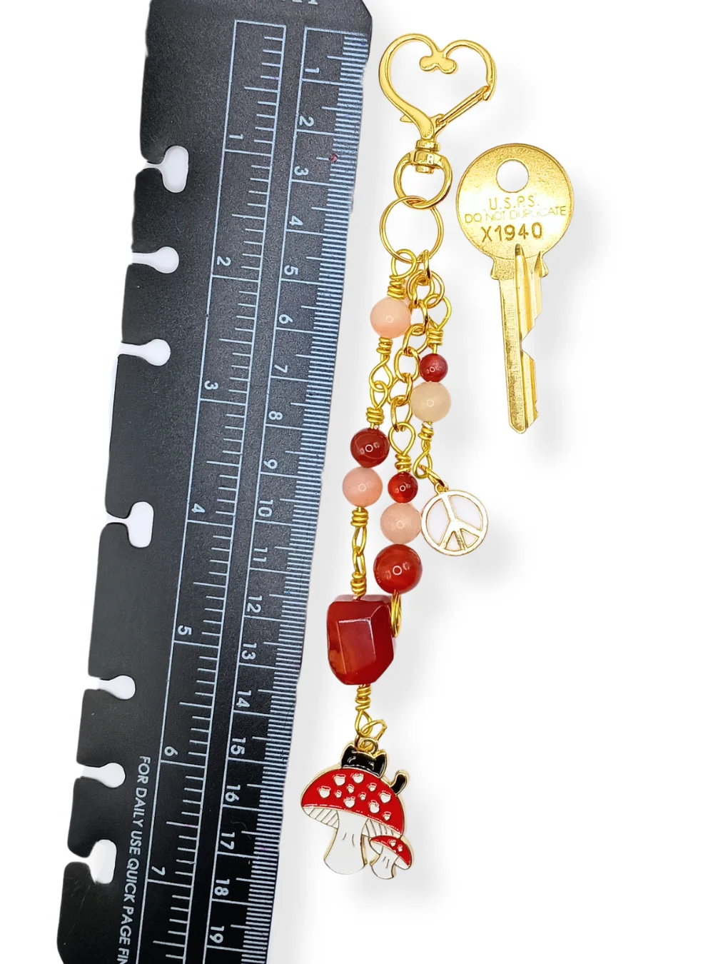 Black Cat & Mushroom Purse Charm | Carnelian & Peach Aventurine, Gold-Tone | "Happy Camper" product image (7)