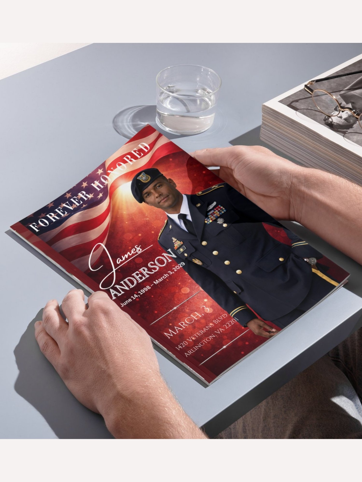 Military Veteran & First Responder Funeral Obituary Template, 8-Page Red Patriotic Canva Layout with QR Code product image (5)