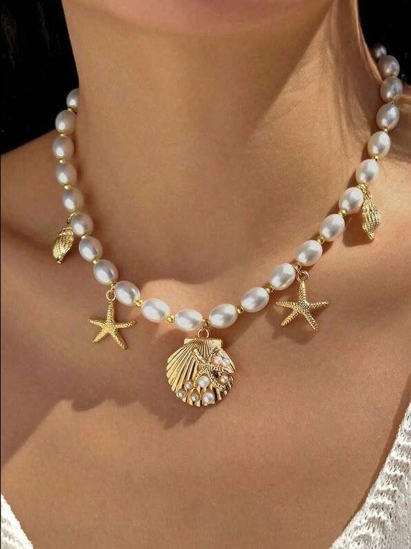 1pc Bohemian Style Sea Themed Starfish And Seashells Pendant Necklace, Suitable Women Beach Holiday product image (1)