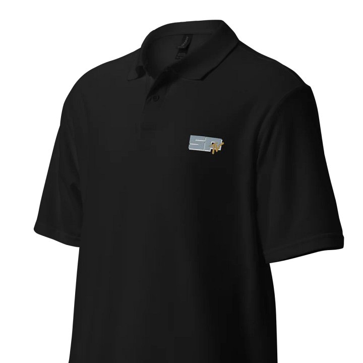SP TV Logo (grey, white, brown) embroidered on pique polo. product image (5)
