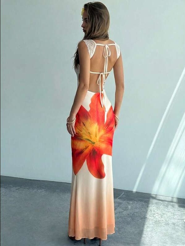ADLEST New Romantic Yellow Ombre Floral Mesh Print Fitted Stretchy Sexy Backless Bodycon Dress With Lace Trim product image (2)