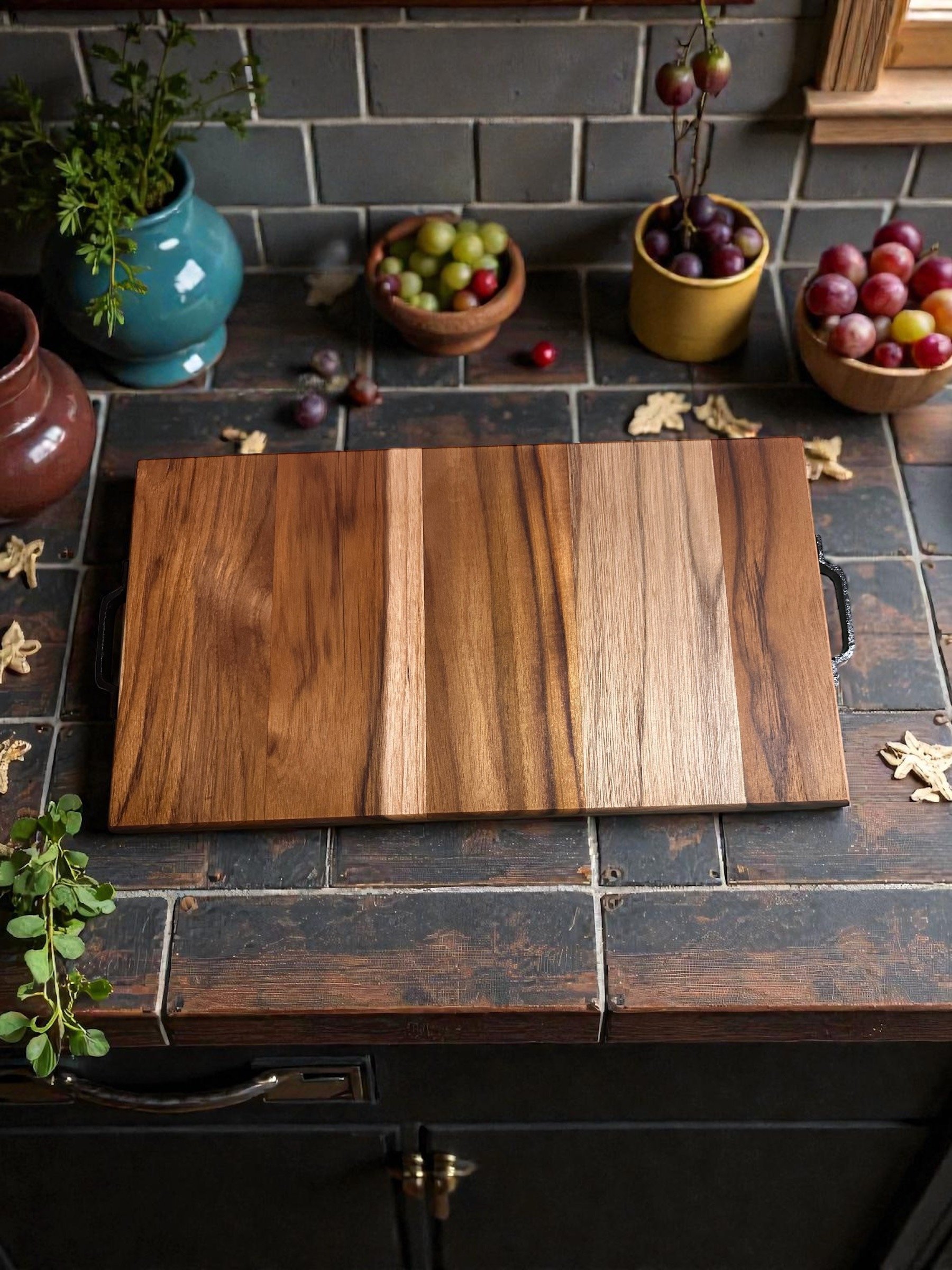 Solid Teak Cutting Board Amish Made Handles Raised Grain Food Safe product image (1)
