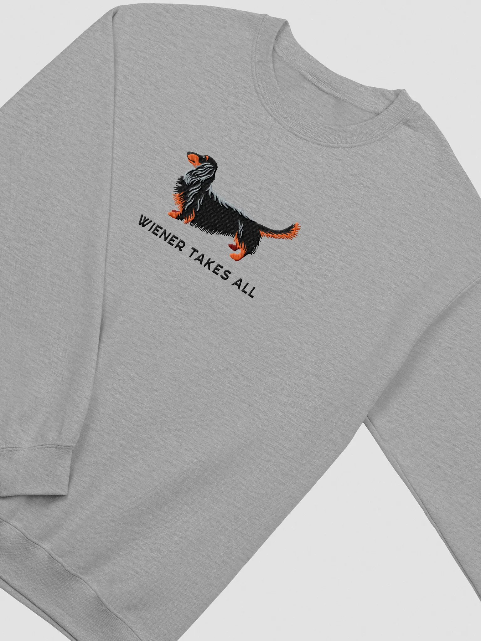 Wiener Takes All Sweatshirt (Embroidered) of a Longhaired Dachshund(Black & Tan) product image (6)