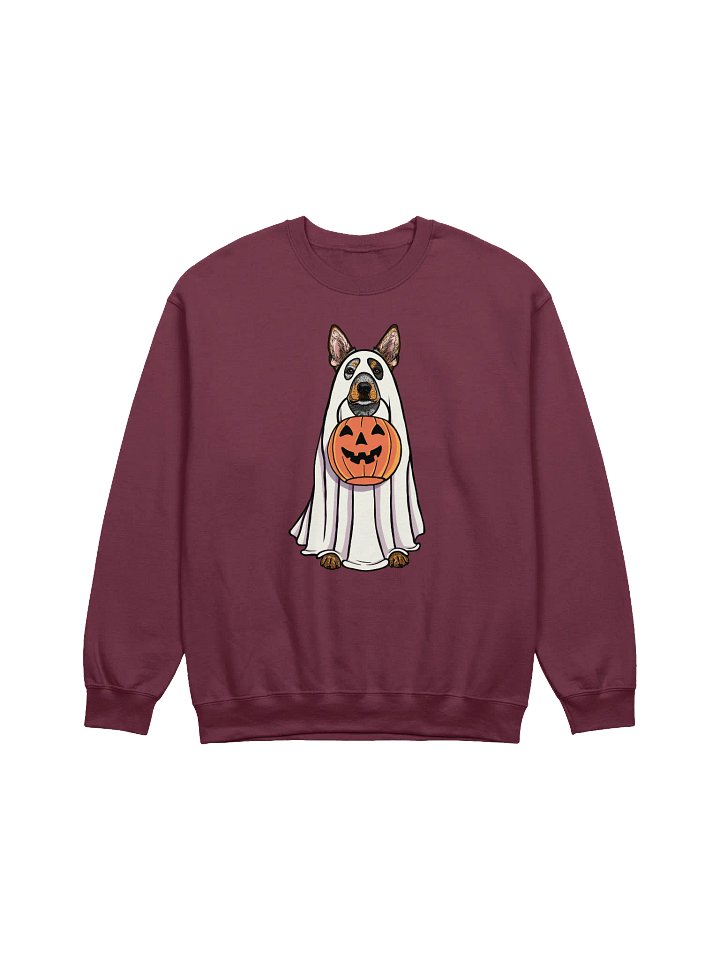 Funny Halloween Australian Cattle Dog(3) Sweatshirt | Funny Blue Heeler Wearing a Ghost Costume and Holding a Pumpkin Basket product image (1)