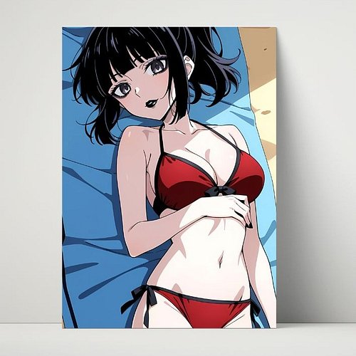 Luna Rain 🖤🏖️ Original character in red bikini on beach towel. 26yo emo soul, ponytail, purple eyes, relaxed pose. Quiet allu...