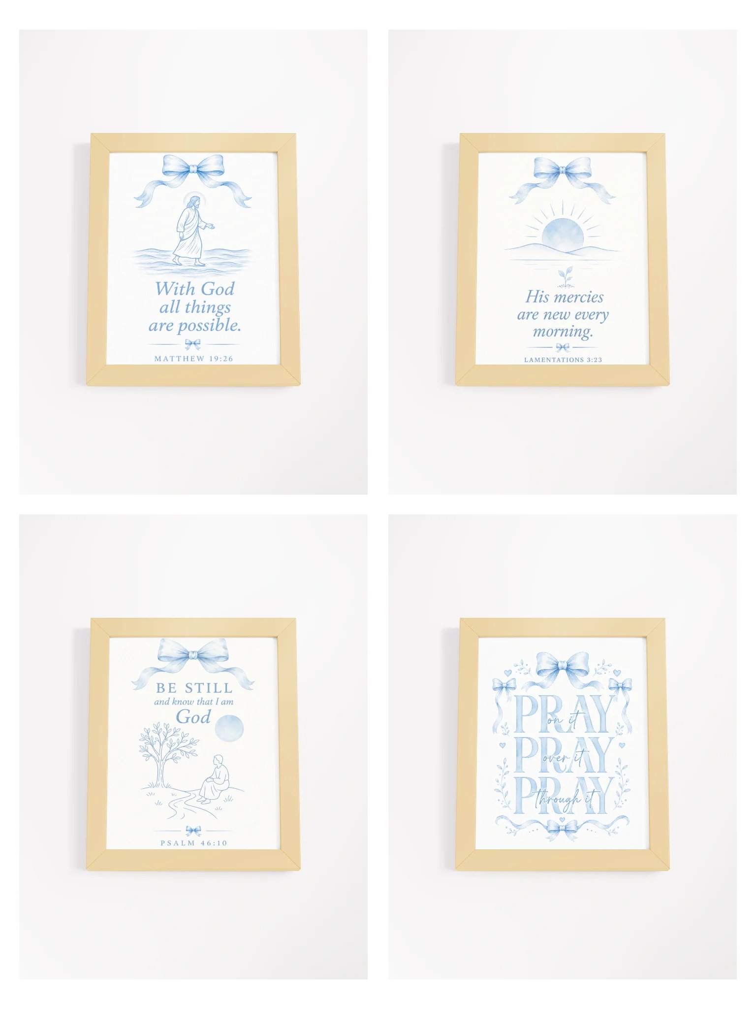 Blue Coquette Bow Framed Christian Wall Art Bundle Set of 4 product image (1)